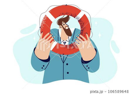 Business man with lifebuoy offers to provide assistance and crisis management services Business man with lifebuoy offers to provide assistance and crisis management services 106589648