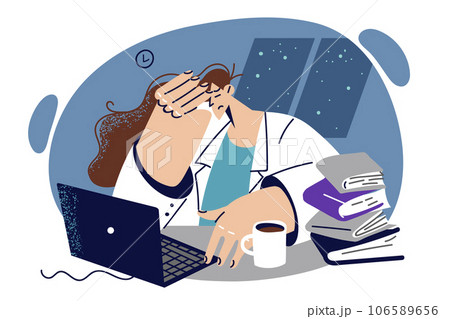 Tired woman office worker working at night, sitting at table with account books and laptop Tired woman office worker working at night, sitting at table with account books and laptop 106589656