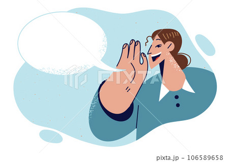 Woman shouts with hand near mouth and dialog cloud, urging people to visit new store or go shopping Woman shouts with hand near mouth and dialog cloud, urging people to visit new store or go shopping 106589658