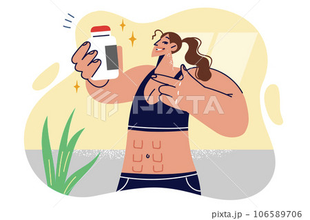 Woman fitness trainer holds jar of protein or sports nutrition and recommends visiting bar in gym 106589706