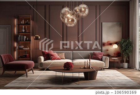 Warm and cozy interior of living room space with sofa, pouf, carpet, lamp, mock up poster frame, decoration, plant and coffee table. Cozy home decor. Template. AI Generative. Warm and cozy interior of living room space with sofa, pouf, carpet, lamp, mock up poster frame, decoration, plant and coffee table. Cozy home decor. Template. AI Generative. 106590169