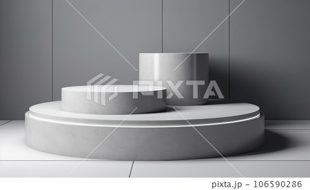Geometric product display podium on gray background. Minimal different shapes scene stage showcase stand for product promotion presentation. AI Generative. 106590286
