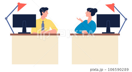 Colleagues talking at workplace. Office worker computer desks 106590289