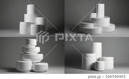 Geometric product display podium on gray background. Minimal different shapes scene stage showcase stand for product promotion presentation. AI Generative. 106590405