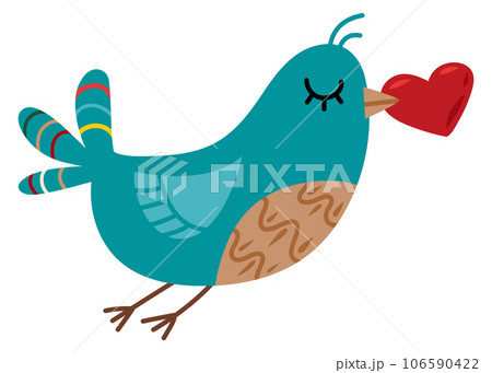 Cute bird with heart in beak. Romantic message animal 106590422