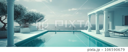 Design house - modern villa with open plan living and private bedroom wing. Large terrace with privacy and, swimming pool. Generative AI. 106590679