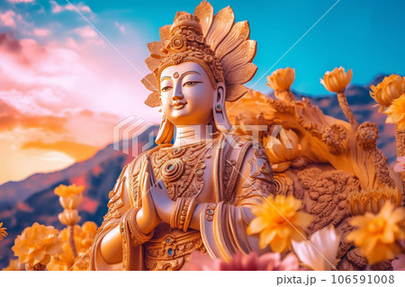 Beautiful sculpture Golden Tara on golden background. AI Generative 106591008