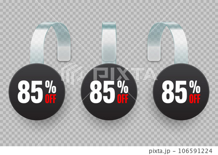 Supermarket promotional wobblers. Realistic black wobbler template for shelf advertising, 85 percent off discount. Sale label with ad text. Special offer price tag. Vector illustration Supermarket promotional wobblers. Realistic black wobbler template for shelf advertising, 85 percent off discount. Sale label with ad text. Special offer price tag. Vector illustration 106591224