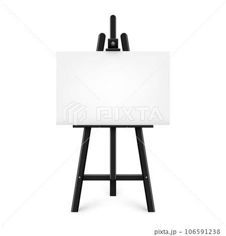 Realistic paint desk with blank white canvas. Wooden easel and a