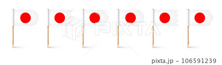 Realistic various Japanese toothpick flags. Souvenir from Japan. Wooden toothpicks with paper flag. Location mark, map pointer. Blank mockup for advertising and promotions. Vector illustration Realistic various Japanese toothpick flags. Souvenir from Japan. Wooden toothpicks with paper flag. Location mark, map pointer. Blank mockup for advertising and promotions. Vector illustration 106591239