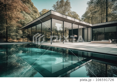 Design house - modern villa with open plan living and private bedroom wing. Large terrace with privacy and, swimming pool. Generative AI. 106591726