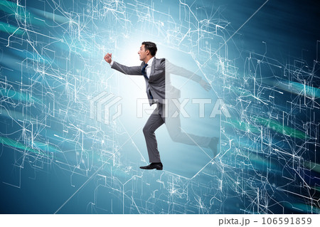 Businessman entering virtual world in business concept 106591859