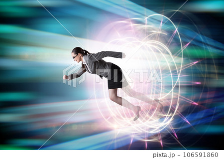Businesswoman entering virtual world in business concept 106591860