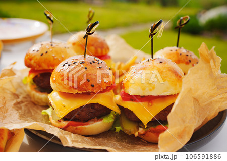 Mini burgers for a children's party or picnic. Mini burgers for a children's party or picnic. 106591886