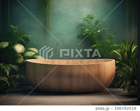 a bathtub in front of a green wall with plants on the walls and flooring it is surrounded by plants. AI Generative. 106592016