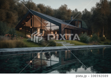 Design house - modern villa with open plan living and private bedroom wing. Large terrace with privacy and, swimming pool. Generative AI. 106592089