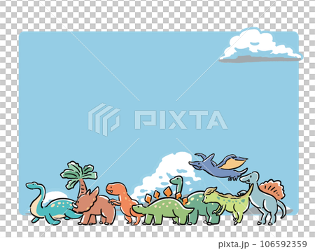 Hand-drawn style frame illustration of dinosaurs, blue sky and clouds 106592359