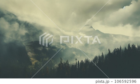 Aerial view of mountains with trees and storms in the background, in the style of romanticism vintage photo. Dull misty day hills landscape Aerial view of mountains with trees and storms in the background, in the style of romanticism vintage photo. Dull misty day hills landscape 106592596