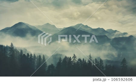 Aerial view of mountains with trees and storms in the background, in the style of romanticism vintage photo. Dull misty day hills landscape Aerial view of mountains with trees and storms in the background, in the style of romanticism vintage photo. Dull misty day hills landscape 106592606