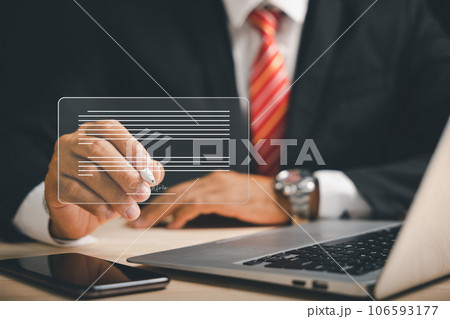 Digital transformation Businessman signs electronic documents on virtual screen using pen. electronic signature concept, effective business management, digital environment. Agreement is established. Digital transformation Businessman signs electronic documents on virtual screen using pen. electronic signature concept, effective business management, digital environment. Agreement is established. 106593177