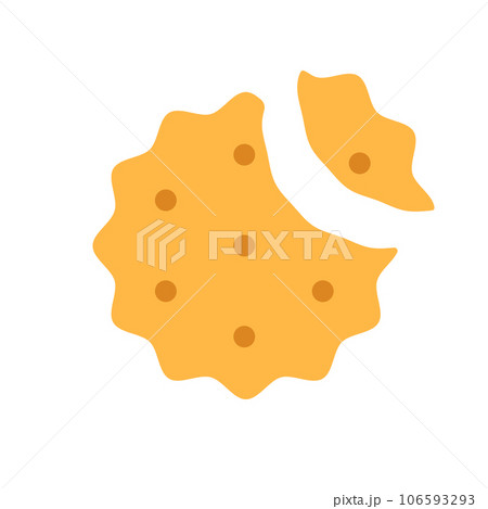 Crispy round cheese cracker with missing bite isolated on white background. Salted crunchy meal sign, logo flat design. Bitten yellow baked dessert symbol with crumb. Broken cookie illustration 106593293