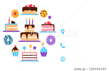 Pastry shop or cafe visit card design template. Baked sweet dessert food business card. Bright colorful flat tasty elements donut cake slice muffin cookie for confectionery shop illustration. 106593295