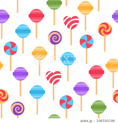 Colorful lollipop seamless pattern on yellow background. Bright assorted sweet repeat tile design. Party treat food wallpaper. Stick candy wrapping paper. Bonbon sweetness fabric illustration. 106593296