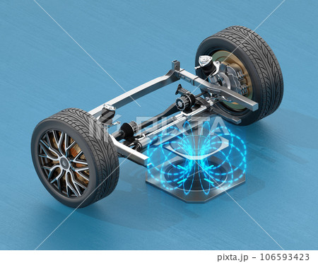 インホイールモーター駆動電動車の前輪車台にワイヤレス給電装置が充電中のイラスト 106593423