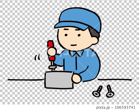 一位身穿工作服、戴著帽子的年輕人正在做組裝工作 一位身穿工作服、戴著帽子的年輕人正在做組裝工作 106593741