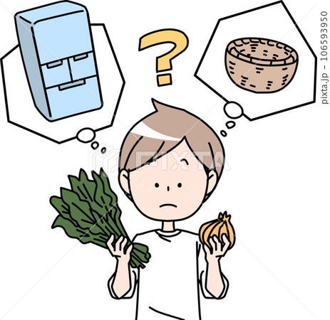 常温保存か冷蔵保存か考える男性 常温保存か冷蔵保存か考える男性 106593950