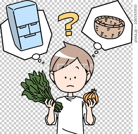 常温保存か冷蔵保存か考える男性 常温保存か冷蔵保存か考える男性 106593950