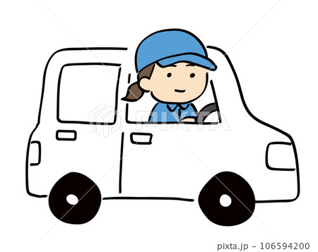 車を運転している作業服＆帽子の若い女性 106594200