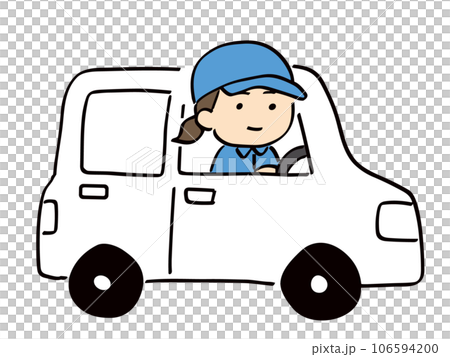 車を運転している作業服＆帽子の若い女性 106594200