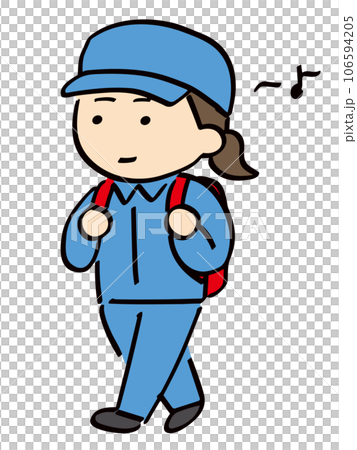 Smiling young woman in work clothes walking with a backpack (full body, hat) 106594205