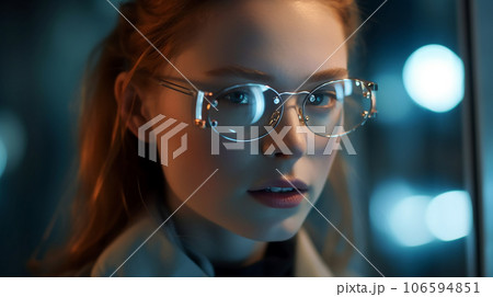スマートグラスをつけたおしゃれな白人女性(メタバース・AR・MR・VR) スマートグラスをつけたおしゃれな白人女性(メタバース・AR・MR・VR) 106594851