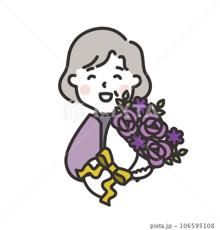 紫の花束をプレゼントされてよろこぶ高齢女性のイラスト　古希のお祝い　敬老の日 106595108
