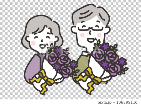 一對老年夫婦高興地收到紫色花束、慶祝古代、敬老日的插圖 一對老年夫婦高興地收到紫色花束、慶祝古代、敬老日的插圖 106595110