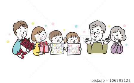 祖父母の還暦を祝う三世代家族のイラスト　敬老の日　似顔絵 106595122