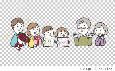 祖父母の還暦を祝う三世代家族のイラスト　敬老の日　似顔絵 106595122