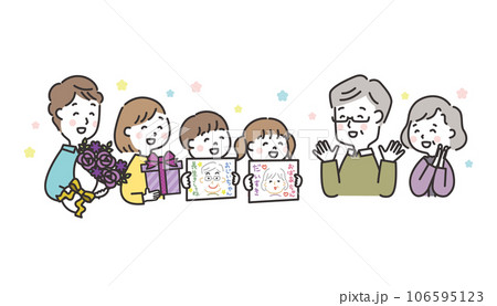 祖父母の古希を祝う三世代家族のイラスト 敬老の日 似顔絵 祖父母の古希を祝う三世代家族のイラスト 敬老の日 似顔絵 106595123