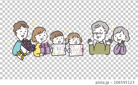 祖父母の古希を祝う三世代家族のイラスト 敬老の日 似顔絵 祖父母の古希を祝う三世代家族のイラスト 敬老の日 似顔絵 106595123