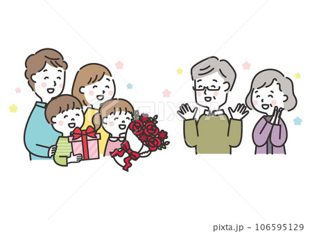 祖父母の還暦を祝う家族のイラスト　敬老の日　三世代 106595129