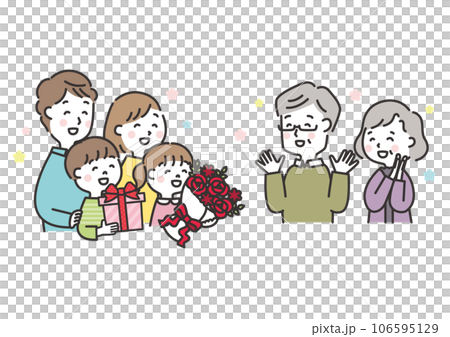 Illustration of a family celebrating the 60th birthday of grandparents, Respect for the Aged Day, three generations Illustration of a family celebrating the 60th birthday of grandparents, Respect for the Aged Day, three generations 106595129