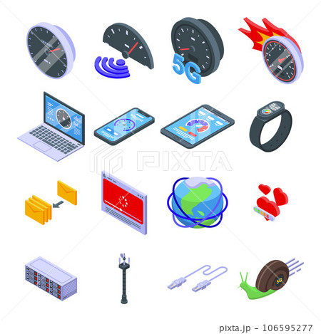 Internet speed icons set. Isometric set of internet speed vector icons for web design isolated on white background 106595277