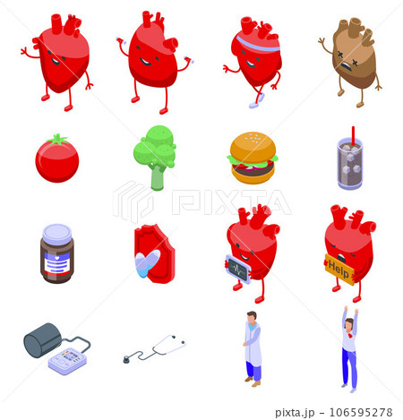 Healthy heart icons set. Isometric set of healthy heart vector icons for web design isolated on white background 106595278