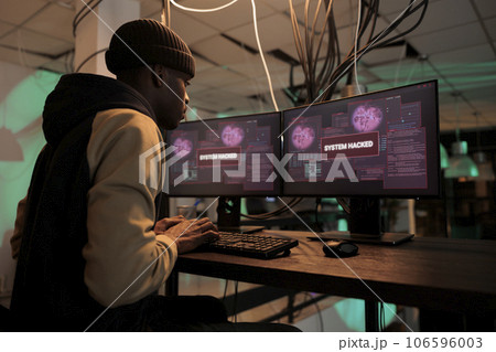 Criminal cyberattack, hacker accessing computer system, man writing password cracking software, breaking into database server. Cybercrime, information stealing, internet security technology 106596003