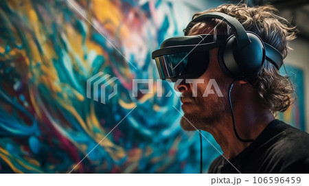 NFTアート・デジタルアート・美術館・美術館でVRゴーグルを使う男性・未来の画家 106596459
