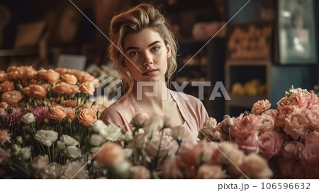 フラワーショップ・花屋で花を見る白人女性・スタッフ 106596632