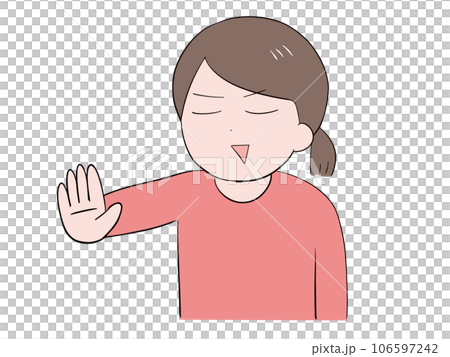 ドヤ顔で片手を前に出す私服の若い女性(上半身) ドヤ顔で片手を前に出す私服の若い女性(上半身) 106597242