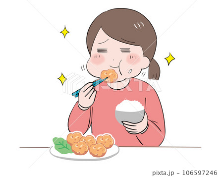唐揚げとご飯を美味しそうに食べる私服の若い女性(上半身) 唐揚げとご飯を美味しそうに食べる私服の若い女性(上半身) 106597246